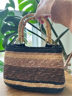 Woven Straw Bamboo-Handle Tote Bag in Brown and Black